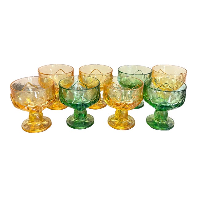 Midcentury Yellow/Green Glass Low Goblets Set of 8 For Sale
