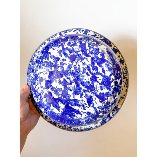 Large Late 20th Century Blue and White Splatterware Enamel Mixing Serving Bowl For Sale - Image 9 of 12