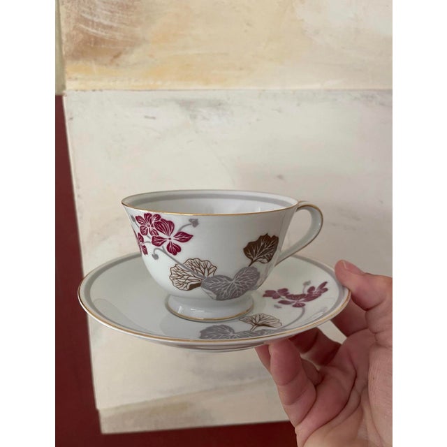Early 20th Century Vintage Noritake Geranium Burgundy and Gray Teacups and Saucers - Set of Nine (9) For Sale - Image 5 of 9