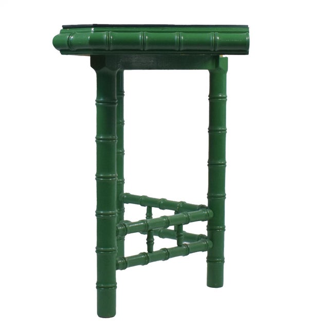 Hollywood Regency Faux Bamboo Green Entry Console For Sale - Image 3 of 5