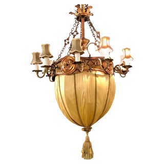 Palatial Light Fixture in Copper, Brass and Iron With Silk Dome Shade For Sale