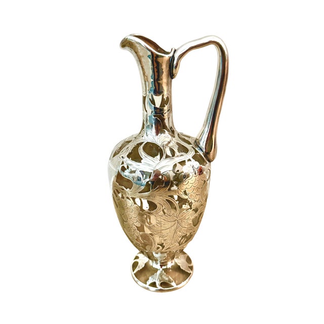 Victorian Circa 1900 Sterling Silver Overlay Glass Pitcher With Grapevine Design For Sale - Image 3 of 4