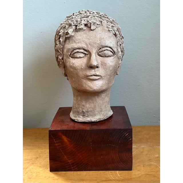 Vintage Plaster Head Sculpture on Wood Base For Sale - Image 10 of 12