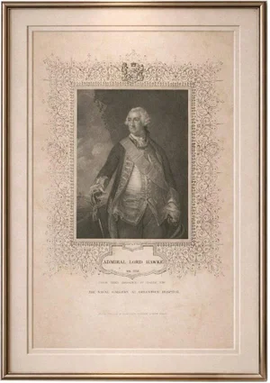 Antique Portrait Engraving of Admiral Lord Hawke, 1850