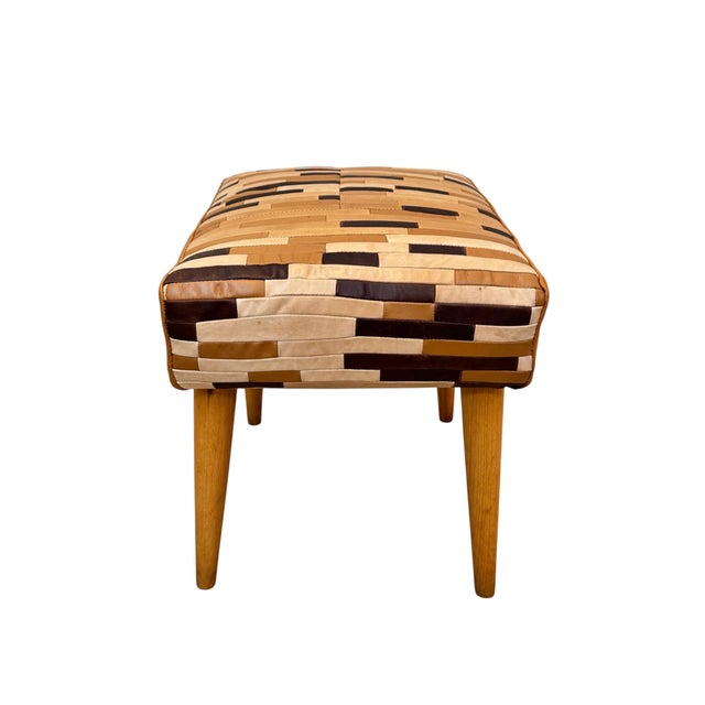 Mid-Century Modern Mid-Century Modern Ottoman in Beach and Leather, 1950s For Sale - Image 3 of 9