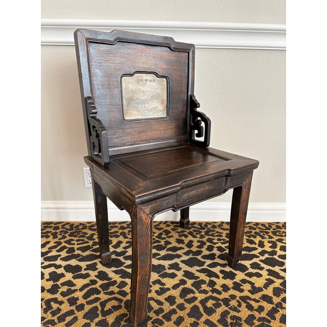 Chinoiserie 19th Century Chinoiserie Carved Hardwood Chair With Stone Panel For Sale - Image 3 of 12