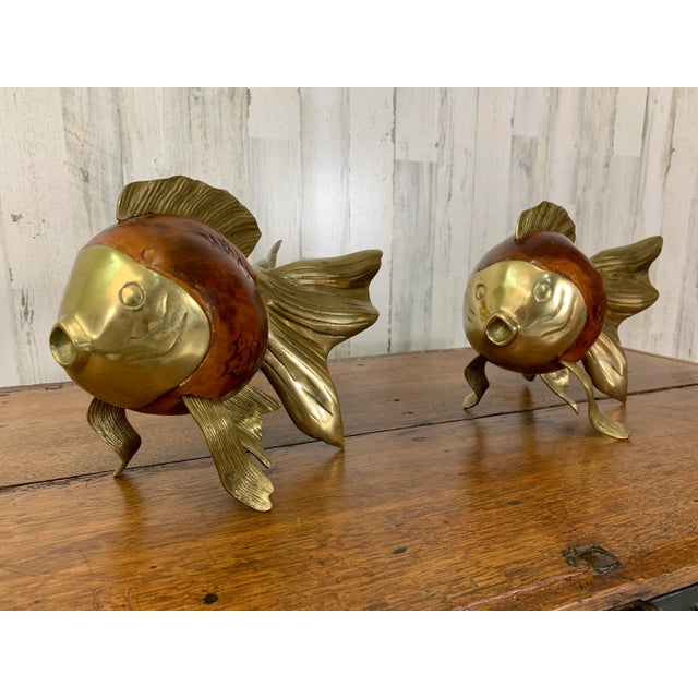 Late 20th Century Wood and Brass Koi Fish Sculptures - a Pair For Sale - Image 5 of 13