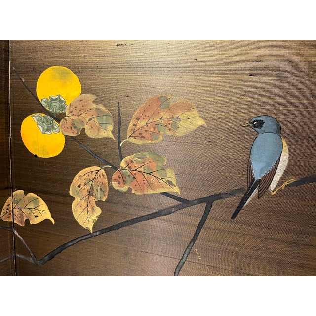 Vintage Japanese Four-Panel Byōbu Folding Silk Screen Persimmon & Bird Motif For Sale - Image 4 of 10