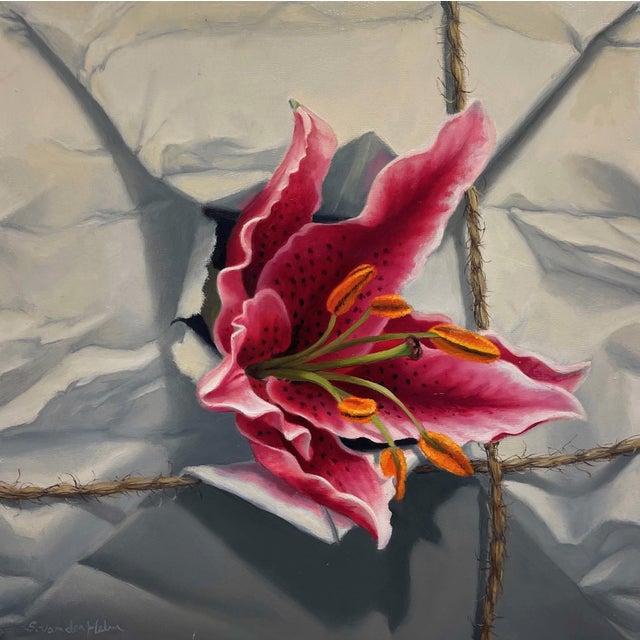 White Package with Stargazer by Sarah van der Helm | Oil on Cradled Panel Oil painting of a stargazer lily on crumpled paper. For Sale