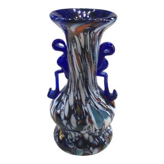 1920-1930s Blue Murano Glass Vase From Toso Double Round Base For Sale