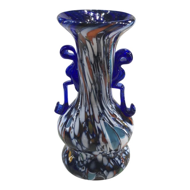 1920-1930s Blue Murano Glass Vase From Toso Double Round Base For Sale