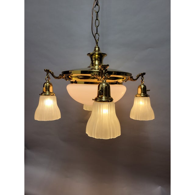 Traditional Vintage Classic Revival Brass Pan Fixture With Glass Shades For Sale - Image 3 of 12
