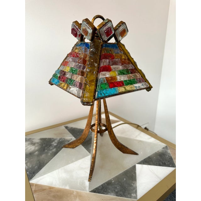 Pair of Hammered Glass Gilt Wrought Iron Lamps by Longobard, Italy, 1970s For Sale - Image 10 of 13