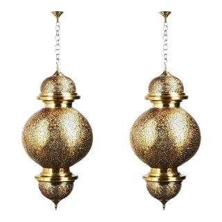 1990s Moroccan Chandelier Pendant in Brass With Filigree Design - a Pair For Sale