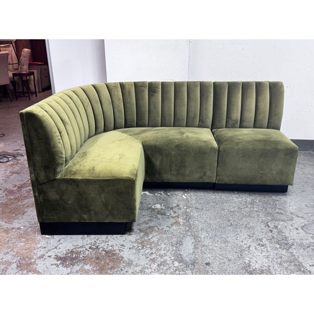 Mid-Century Modern Williams-Sonoma Garbo Olive Green Velvet Curved Banquet, Set of Two For Sale - Image 3 of 12