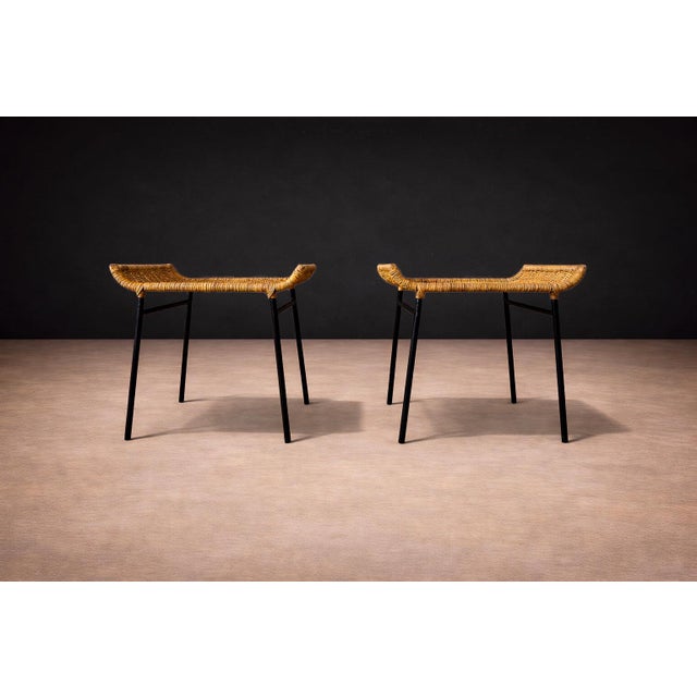 Set of Two Armchairs With Stools in Cane & Iron, Carlo Hauner, 1950s For Sale - Image 14 of 16