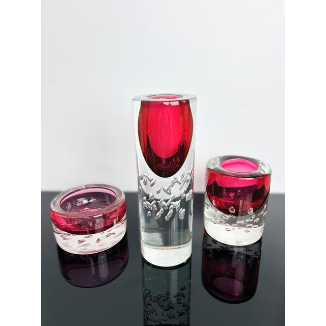 Rare three-piece art glass set designed by Jaroslav Svoboda (1937–2009) for the renowned Škrdlovice glassworks,...
