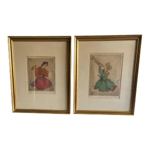Antique Pair of Signed and Numbered Prints of Asian Figures