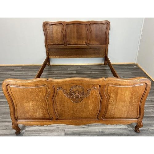 Vintage French Louis XVI Double Bed Frame in Oak with Carved Headboard For Sale - Image 12 of 12
