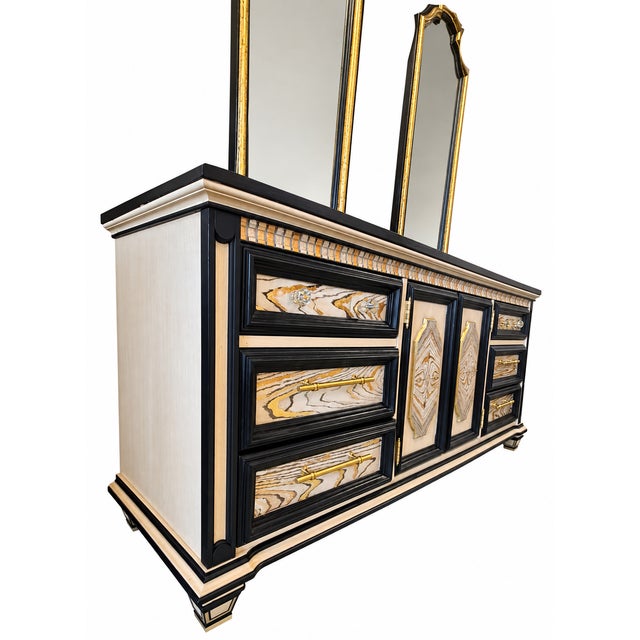 One-of-a-kind hand painted dresser with two coordinating mirrors, transformed into an original statement piece in black,...