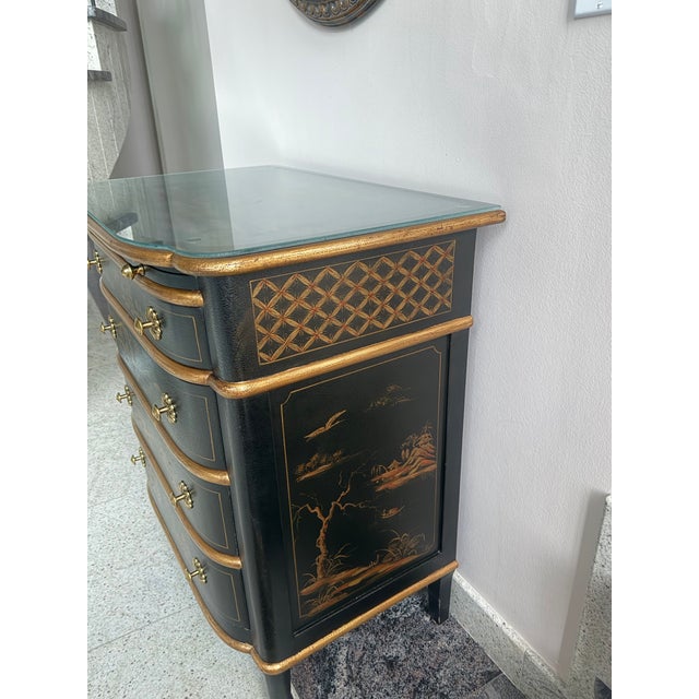 Chinese Style Black and Gold Chest With Matching Mirror For Sale - Image 4 of 5