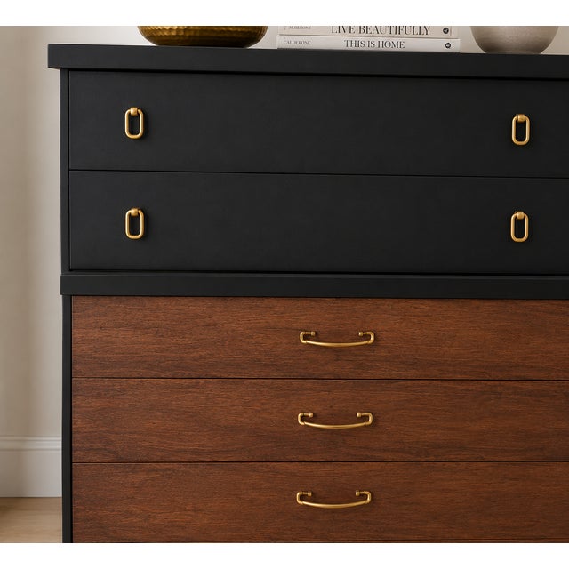 Bassett Furniture Vintage Bassett Tallboy Chest in Ebony Black With Restored Walnut Drawers For Sale - Image 4 of 4