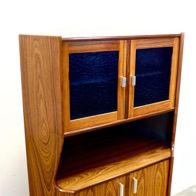1950s Danish Rosewood Corner Cabinet W/ Indigo Stained Glass Doors For Sale - Image 14 of 16