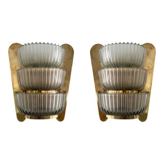 Pair of Sconces Brass and Glass by Seguso. Italy, 1940s For Sale