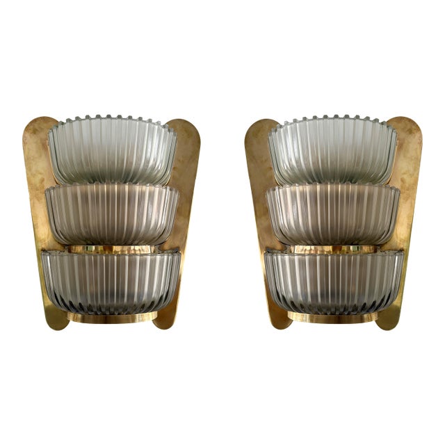 Pair of Sconces Brass and Glass by Seguso. Italy, 1940s For Sale