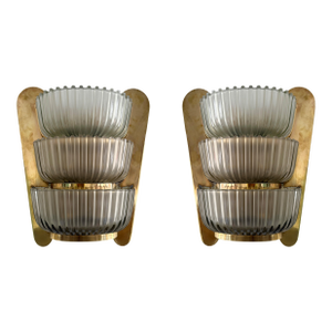 Pair of Sconces Brass and Glass by Seguso. Italy, 1940s