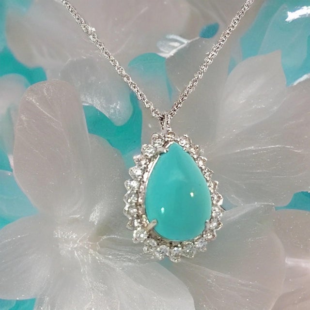 Persian Turquoise Diamond Pendant With Chain 17" 14k WG 9.9 TCW Certified For Sale - Image 9 of 18