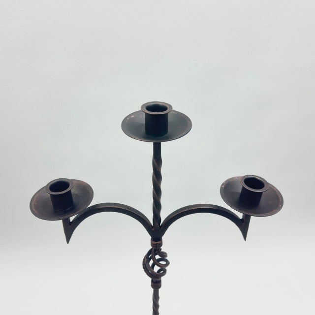 Hand Forged Wrought Iron Candelabra 33″ (83cm) Antique Copper Patina 3-Arm Twist & Basket Design Candle Holder Rustic Fireplace Decor For Sale - Image 4 of 7