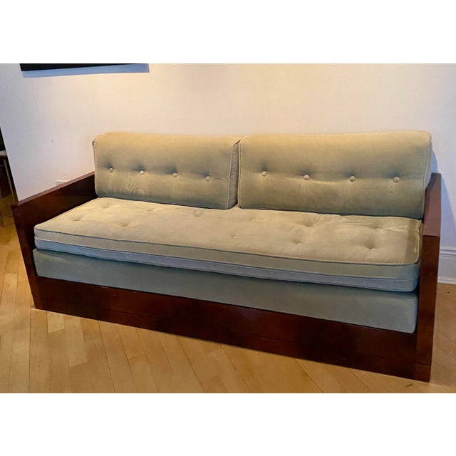 1940s Art Deco Upholstered Mahogany Sofa Day Bed with Celadon Velvet Fabric For Sale - Image 9 of 10