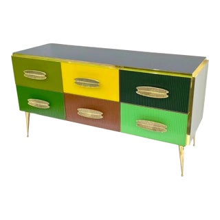 Mid-Century Modern Italian Multi-Color Six-Drawer Chest / Cabinet on Brass Legs For Sale