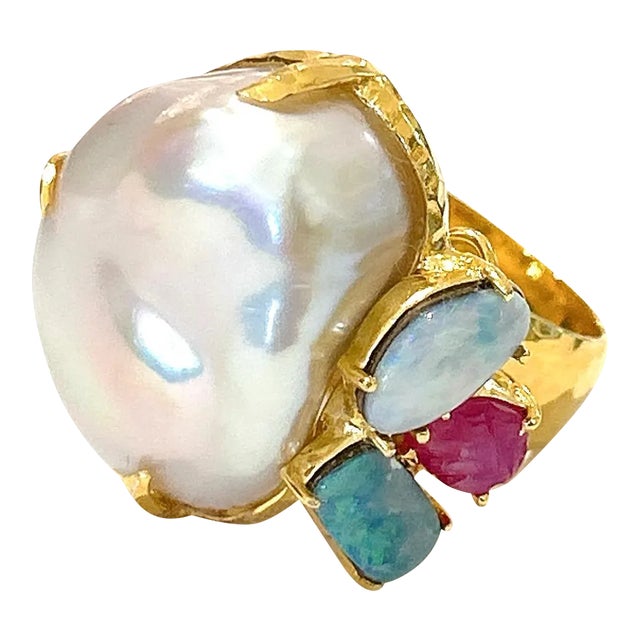 Bochic “Orient” Pearl & Multi Gem Vintage Cluster Ring Set 18k & Silver Size Us 7 For Sale