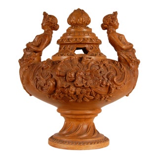 Victorian Ceramic Vase Terracotta Louis XVI Neoclassical Caryiatides Figural Covered Urn Vase Tariff Free Delivery For Sale