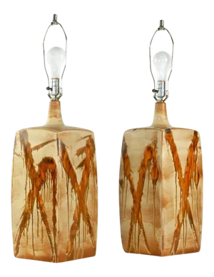 Mid-Century Modern Drip Glaze Pottery Lamps - A Pair