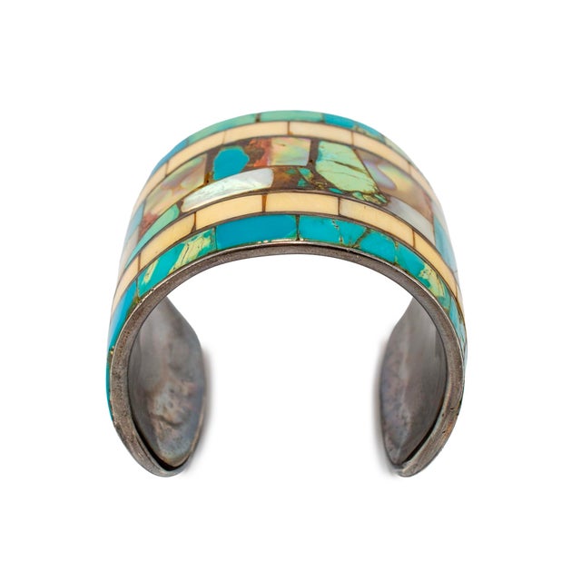 Modern Vintage Neiman Marcus 925 Turquoise Mother of Pearl Abalone Shell Cuff Bracelet For Sale - Image 3 of 8