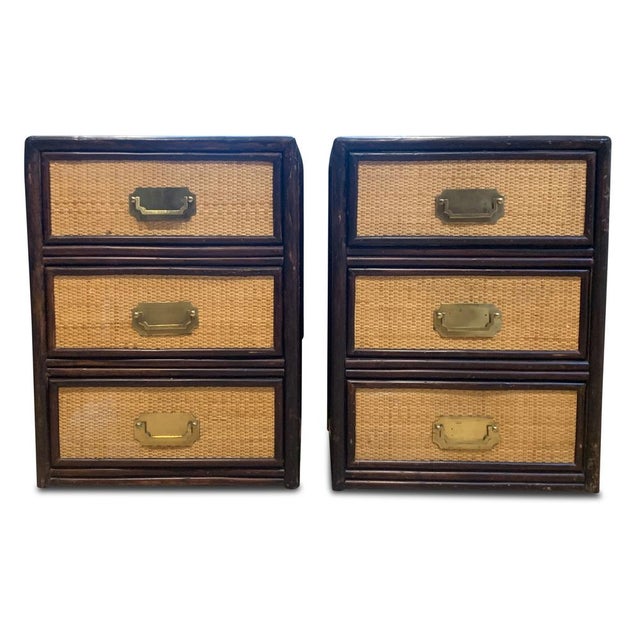 Wood Mid-Century Glazed Rattan 3-Drawer Nightstands, 1950s, Set of 2 For Sale - Image 7 of 14