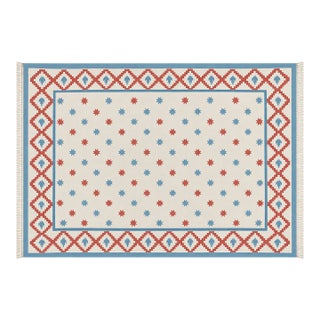 Handmade Cotton Vegetable Dyed Rug, White, Sky Blue and Terracotta Star Dhurrie-9'x12' For Sale