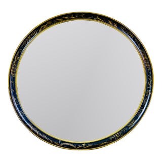 Oversized Black & Gold Lacquer Hand-Painted Chinoiserie Round Mirror 36 Inch Diameter For Sale