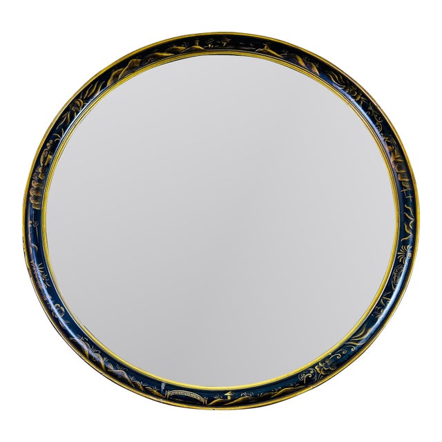 Oversized Black & Gold Lacquer Hand-Painted Chinoiserie Round Mirror 36 Inch Diameter For Sale