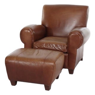 Two Piece Vintage Leather Club Armchair & Ottoman Set by Pottery Barn 20thC For Sale