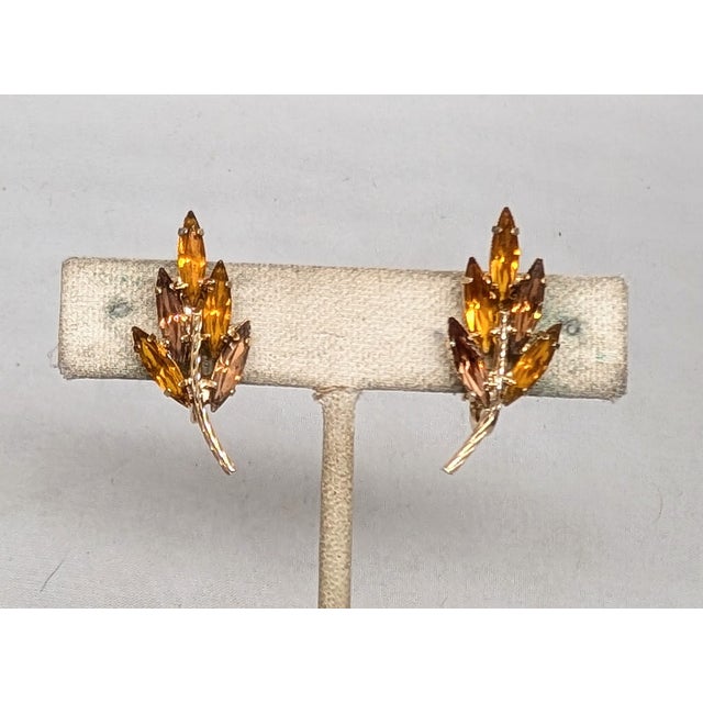 Mid-Century Modern Vintage 1960s Signed Napier Faux-Topaz & Faux-Citrine Leaf Clip Earrings - 2 Pieces For Sale - Image 3 of 9