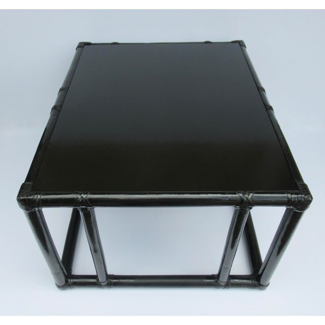 C.1970's McGuire for Baker Furniture Co. Leather-Strapped Rectangular-Shaped Ebony Wood & Rattan Coffee Table For Sale - Image 9 of 18