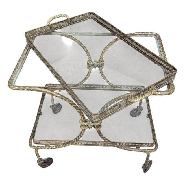 Mid Century French Bagues Style Brass Rope Bar Cart on Wheels with Removable Tray This Mid Century French Bagues Style...