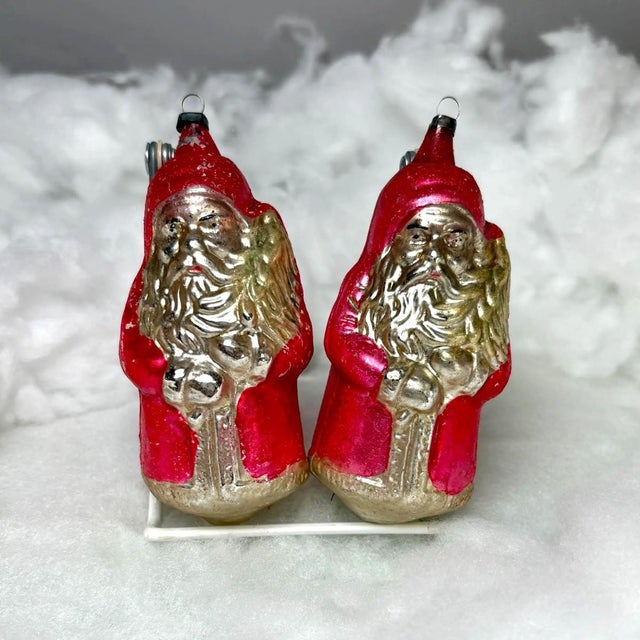 Victorian Christmas Pair of Antique German Mercury Glass Santa Claus Ornaments Holding Christmas Trees For Sale - Image 3 of 7