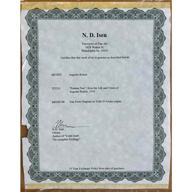 Early 20th Century Pierre-Auguste Renoir Aquatint on Arches Paper Titled "Femme Nue" With C.O.A For Sale In Miami - Image 6 of 9