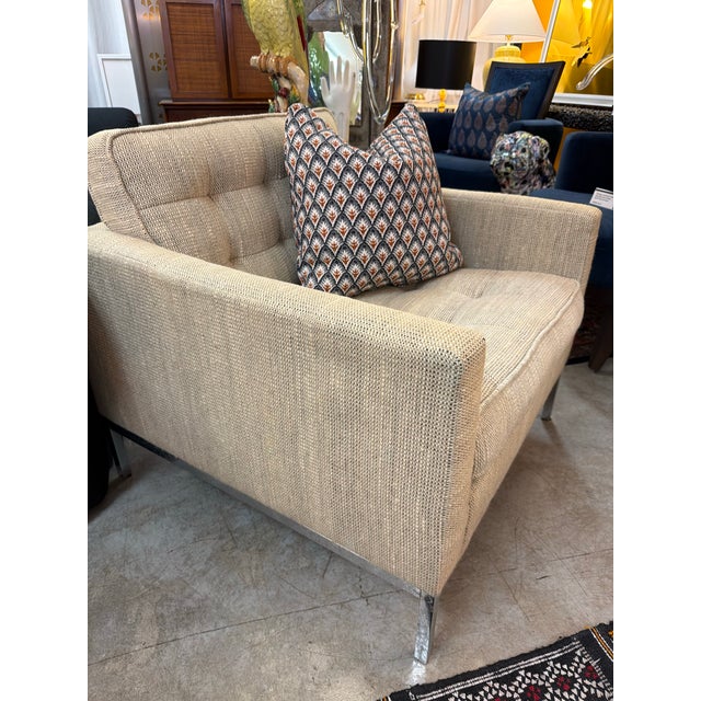 Tan Florence Knoll Original Vintage Tufted and Chromed Steel Arm Chairs With Original Label a Pair For Sale - Image 8 of 12