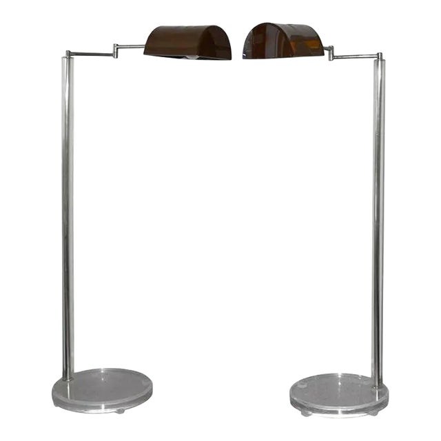 1960 Bauer Lamp Co. Swing-Arm Dimmable Pharmacy Floor Lamp Plexi Base - a Pair For Sale